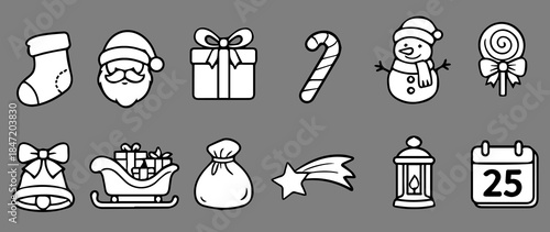 vectores que muestra varios íconos y símbolos con temática navideña, muñeco de nueve, estrella, santa clauos, obsequio.