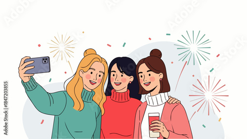 Flat vector illustration depicting three female friends taking a selfie on New Year's Day against a backdrop of fireworks. Ideal for lifestyle content, celebratory visuals, and modern festive designs.
