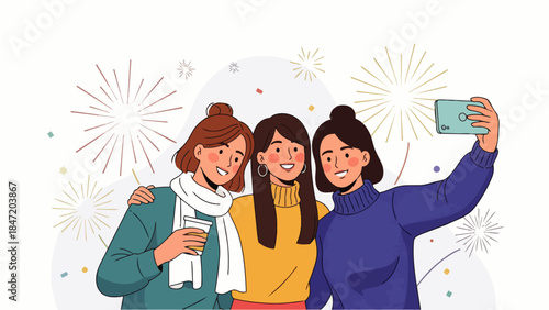 Flat vector illustration depicting three female friends taking a selfie on New Year's Day against a backdrop of fireworks. Ideal for lifestyle content, celebratory visuals, and modern festive designs.