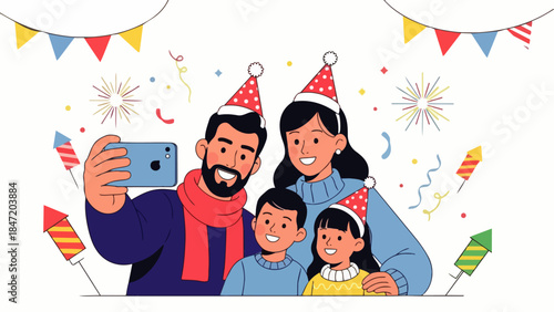Flat vector illustration depicting a happy family taking a New Year's Day selfie with fireworks in the background. Ideal for lifestyle content, festive visuals, and modern festive designs.