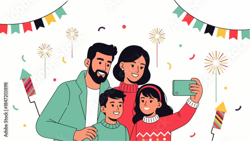 Flat vector illustration depicting a happy family taking a New Year's Day selfie with fireworks in the background. Ideal for lifestyle content, festive visuals, and modern festive designs.