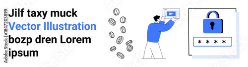 Person uploading video content, cascading coins, and a secure lock with password. Ideal for security, technology, finance, data protection, creative content, e-commerce simple landing page