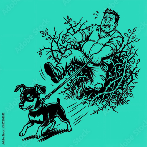 Man gets pulled by dog in a bush at the park in color: mint