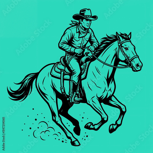 Cowboy riding horse while moving in open field in color: mint