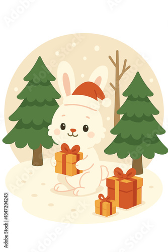 A charming, fluffy Christmas bunny hops through a New Year's forest, surrounded by holiday gifts, in a cartoon style