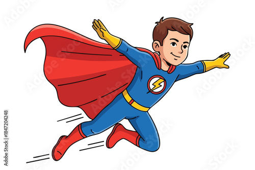 Cartoon illustration of a flying superhero boy in costume with a cape