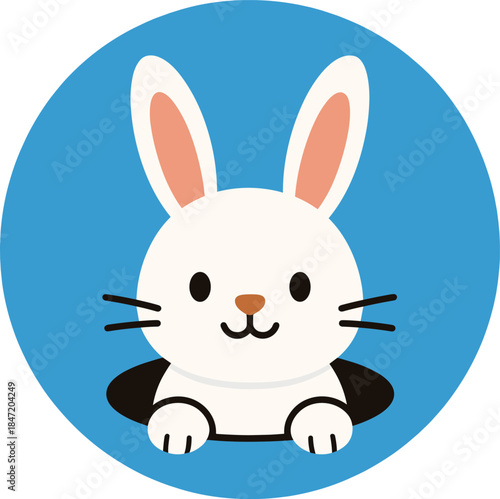 A Christmas rabbit vector icon featuring a holiday bunny in a hole, with a New Year 2023 symbol on a blue background, depicting a cute animal holiday illustration