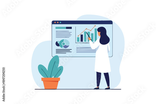 A scientist in a lab coat presents data on a screen, with a potted plant on the left