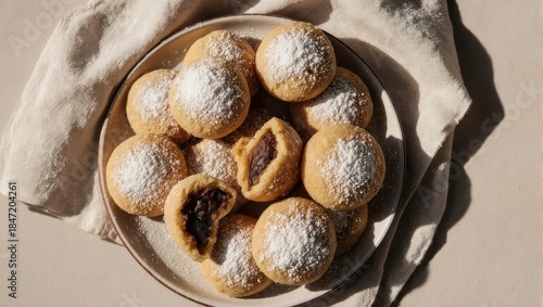 Maamoul Cookies with Dates and Powdered Sugar on a Plate.