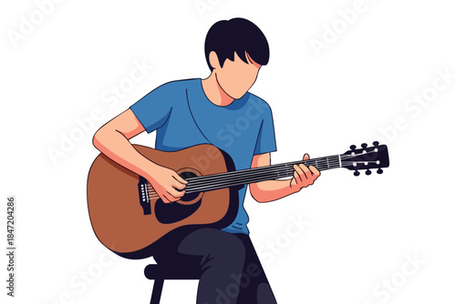 A faceless figure plays an acoustic guitar, sitting on a stool. Simple illustration