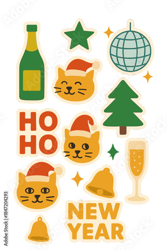 Set of Christmas and New Year halftone collage paper cutouts, featuring humorous stickers, cats wearing Santa hats, champagne, and a disco ball, presented as a modern retro vector illustration on a