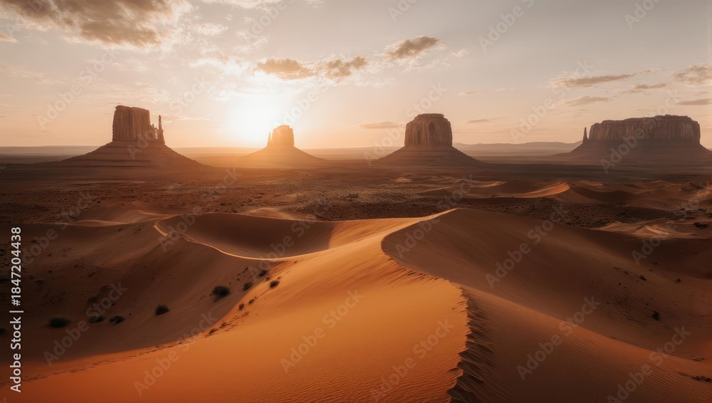 Naklejka premium Majestic Sunset Over Monument Valley Desert Landscape with Towering Buttes and Winding Sand Dunes.