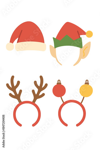 Vector illustration of Christmas hats and decorations featuring Santa Claus hats, whimsical elf ears, deer antlers, and carnival headbands