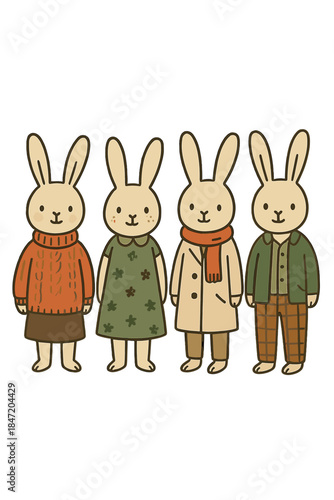 Illustrated in hand‑drawn vector style, these anthropomorphic rabbits stand as cute cartoon characters, each wearing distinct fashionable outfits, isolated individually, symbolizing the new year