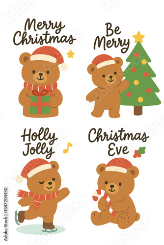 A Christmas card set featuring cute bears celebrating Christmas Eve, complete with handwritten lettering and additional elements, and amusing characters