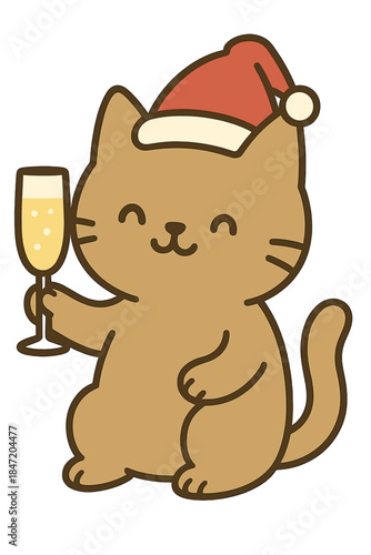 A charming cat in a Christmas hat clutches a glass of champagne