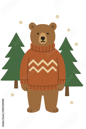 A bear on two legs wearing a cozy winter sweater, depicted in an abstract minimal portrait as a sophisticatedly dressed man, beside Christmas trees in a wintry scene