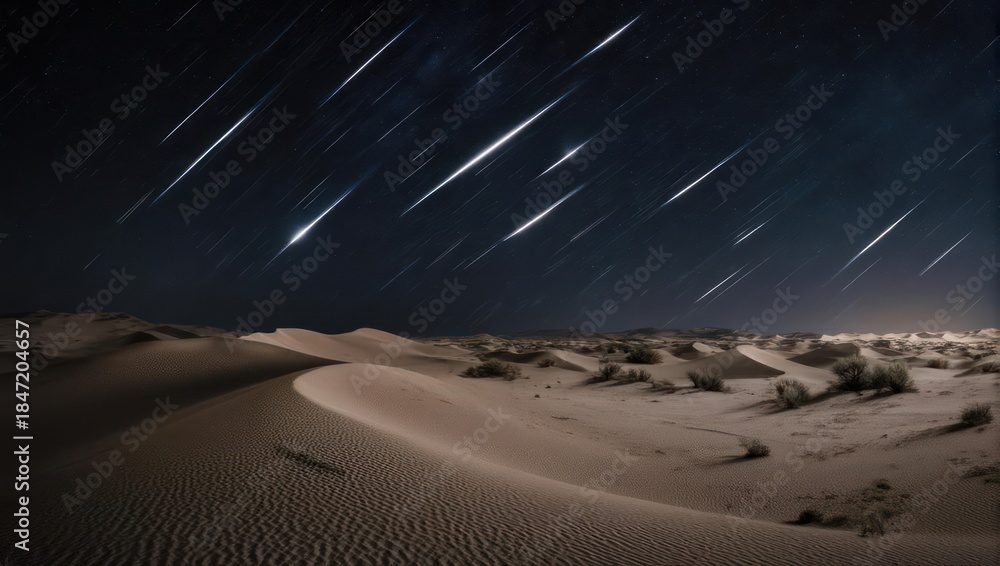 Naklejka premium Meteor Shower Over Desert Dunes Under Starry Night Sky.