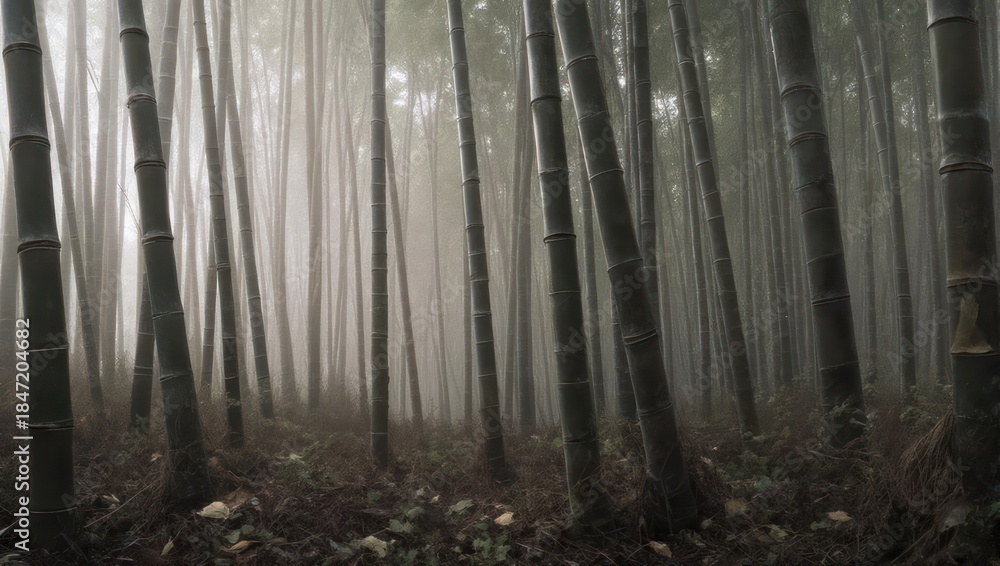 Fototapeta premium Misty Bamboo Forest - A Serene and Atmospheric Landscape.