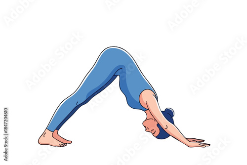 An illustration shows a woman in a blue outfit doing the downward-facing dog yoga pose