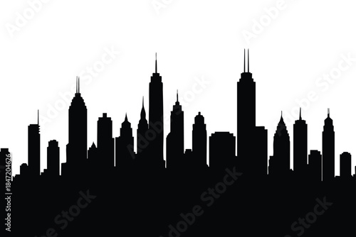A black silhouette of a city skyline against a plain white backdrop