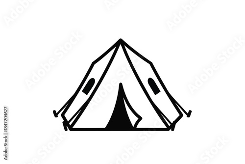 Simple black and white outline of a tent with an open door and side windows