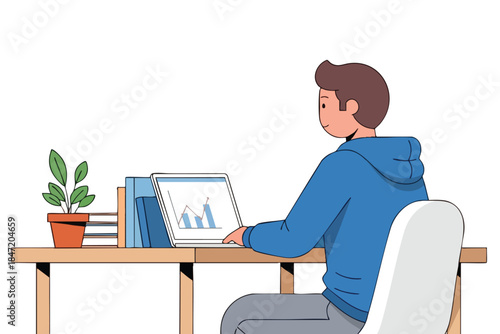 A person in a blue hoodie studies a chart on a laptop, at a desk with books and a plant