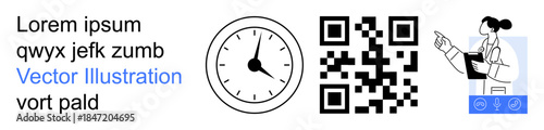 Digital communication, identity verification, healthcare, time management, technology, multimedia. QR code with clock icon and a woman pointing at a document. Identity verification and digital
