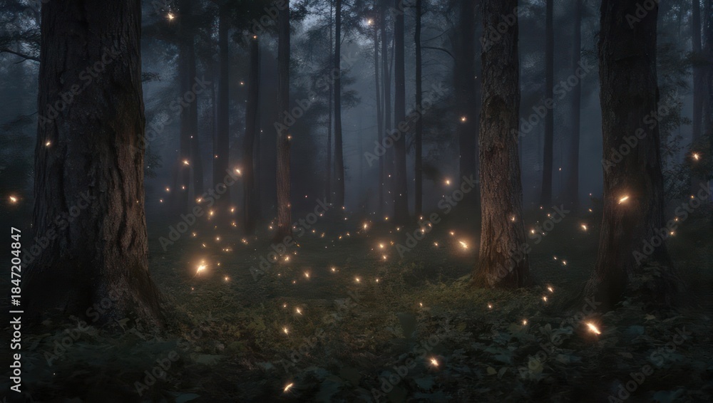 Fototapeta premium Mystical Forest Illumination - A Dreamy Scene with Fireflies.