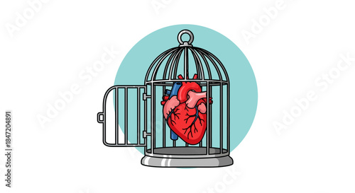 human heart locked in metal bird cage with open door conceptual medical illustration symbolizing emotional trauma and heartbreak