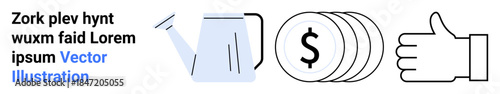 Investment, financial growth, wealth management, funding, savings, positive feedback. Watering can, coins and thumbs-up icon arranged in sequence. Financial growth and investment