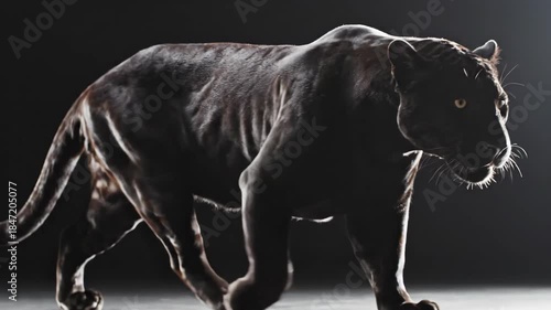 Black Panther Walking with Focused Gaze in Dark Studio Lighting. Black Panther Walking in Dark Studio