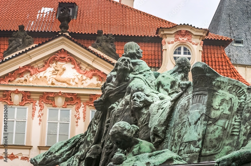 Fototapeta premium Jan Hus Memorial in Old town square in Prague, Czech Republic