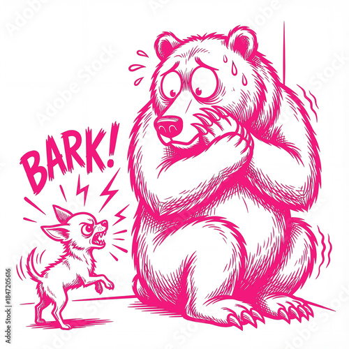 Dog barks at bear in a funny encounter in color: vivid pink bright