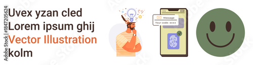 Innovation, communication, brainstorming, mobile security, digital messaging, and positivity. Man with idea and lightbulb, smartphone with code verification green happy face. Innovation