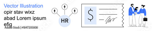 Workforce management, payroll processing, recruitment, workplace communication, employee growth, organizational development. HR diagram, paycheck professionals shaking hands. Workforce management