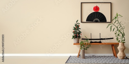 Interior of room with bench...