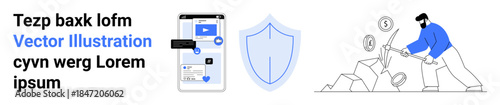 Cybersecurity, online finance, data protection, digital growth, money management, digital communication. Mobile phone interface with shield and person mining coins. Cybersecurity and online finance