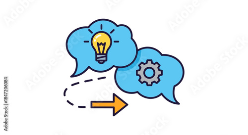 idea to implementation workflow concept with light bulb and gear icons in speech bubbles and arrow abstract innovation process illustration