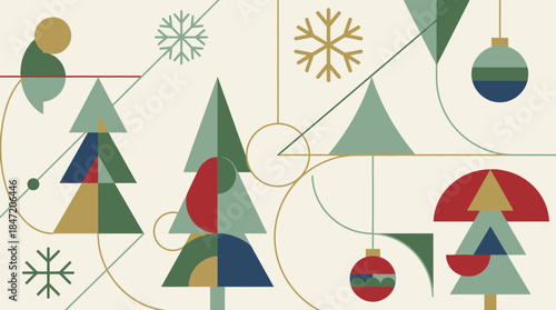 Vibrant abstract Christmas trees and ornaments in modern geometric style
