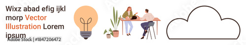 Collaboration, creativity, brainstorming, innovation, teamwork, workspace design. Lightbulb, people collaborating at a desk plants and cloud icon. Creativity and brainstorming concept