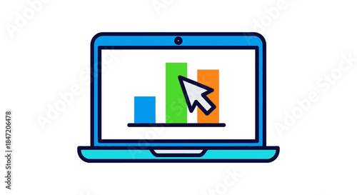 laptop with analytics dashboard and colorful bar chart icon cursor pointer clicking on data visualization for web marketing reports