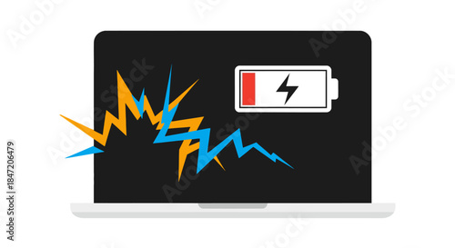 laptop low battery warning icon with energy lightning bolts on screen flat vector illustration for tech blog repair and battery care tips
