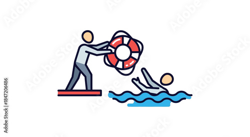 lifeguard throwing life buoy to drowning swimmer in sea simple safety icon illustration for emergency rescue risk management design