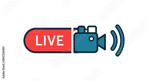 live streaming icon with video camera and broadcast signal waves on white background flat minimal design for online video platforms