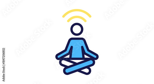 meditation icon of person in lotus position with wifi style signal above head on white background symbolizing mindfulness and mental wellness apps