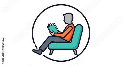 man reading book on sofa icon relaxed person sitting in armchair with novel in minimalist circle logo symbol for education and leisure
