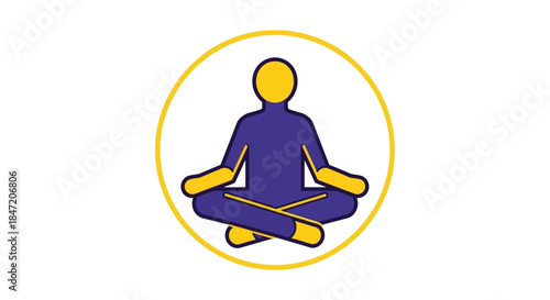meditation icon of person sitting in lotus pose minimalist purple and yellow silhouette inside circular frame symbol for mindfulness and wellness apps