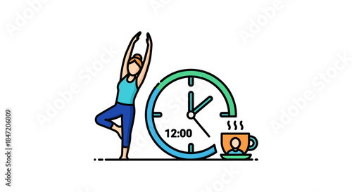 midday yoga break concept with woman doing tree pose beside clock and coffee cup illustrating work life balance and wellness habit