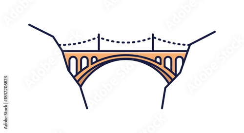 minimalist arch bridge illustration spanning canyon gorge flat line art infrastructure icon for construction engineering and travel design